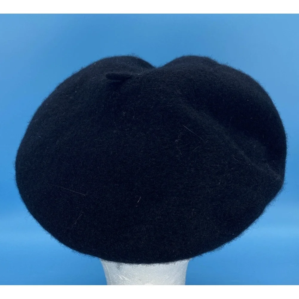 Lancome Paris Women's Black Wool Beret Hat Gold Script Embroidered One Size